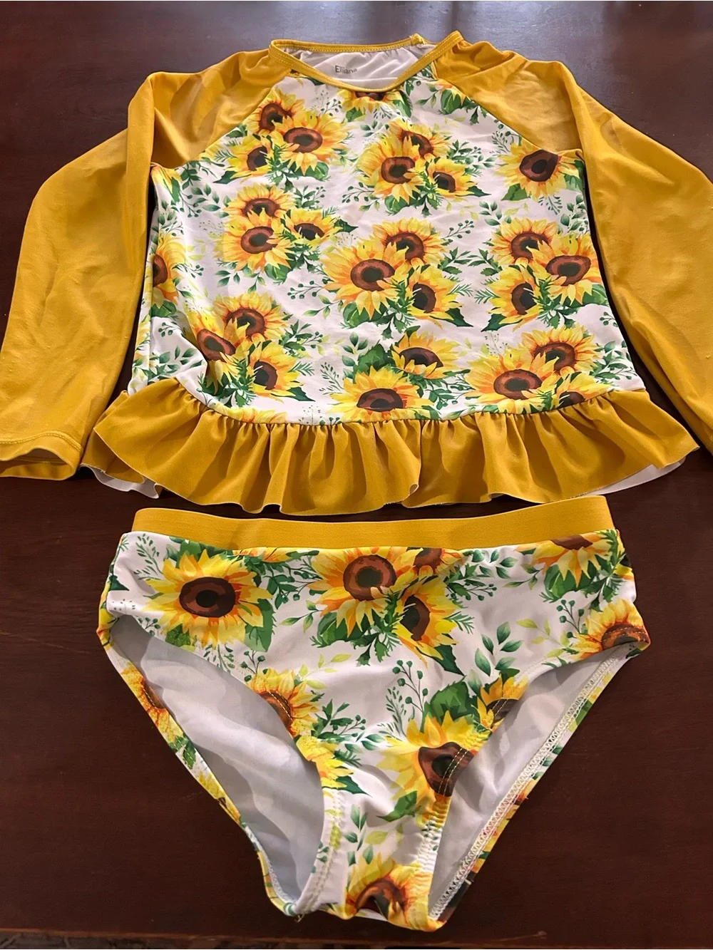 Girls Yellow Sunflower Ruffle Rashguard Swim Set